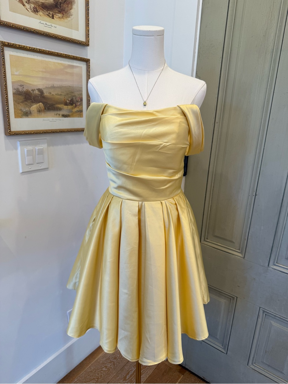 Yellow Satin Off-Shoulder Fit & Flare Dress